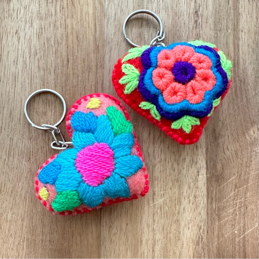 Two Hand Embroidered Hearts Mexican Ornament Heart Keychain Corazon Bordado